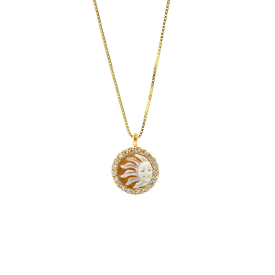 Collana in Argento 925 e cammeo tondo 8mm con Sole e zirconi Bianchi – Dorato