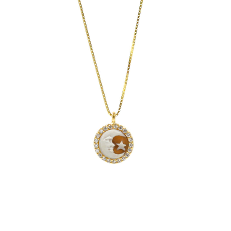 Collana in Argento 925 e cammeo tondo 8mm con Luna e zirconi Bianchi – Dorato