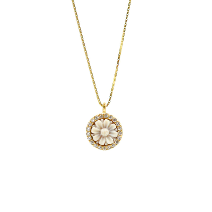 Collana in Argento 925 e cammeo tondo 8mm con fiore e zirconi Bianchi – Dorato