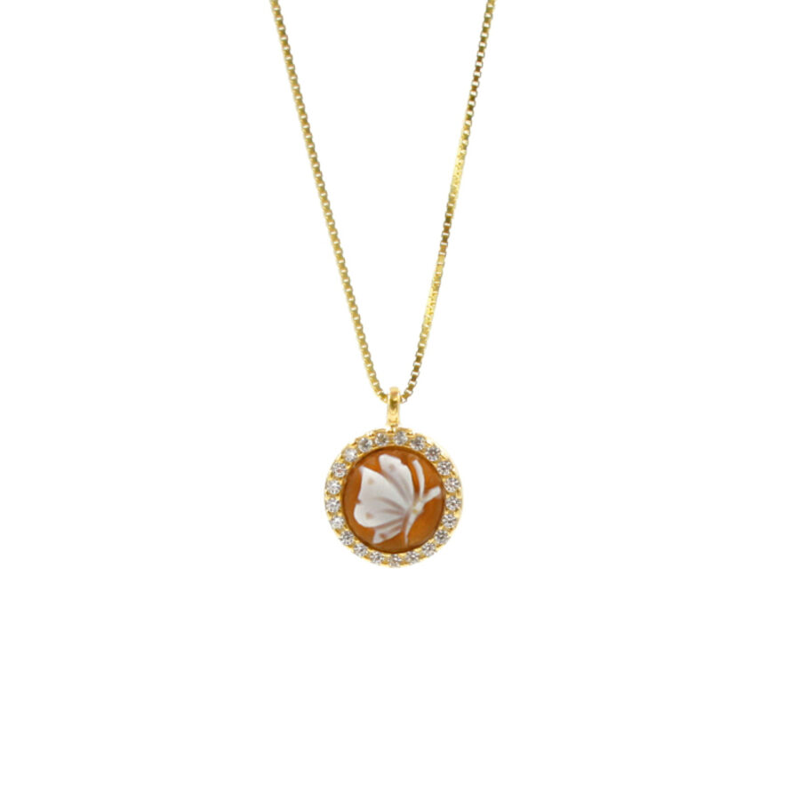Collana in Argento 925 e cammeo tondo 8mm con farfalla e zirconi Bianchi – Dorato