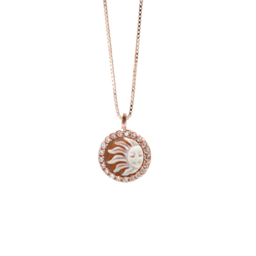 Collana in Argento 925 e cammeo tondo 8mm con Sole e zirconi Bianchi – Rose'