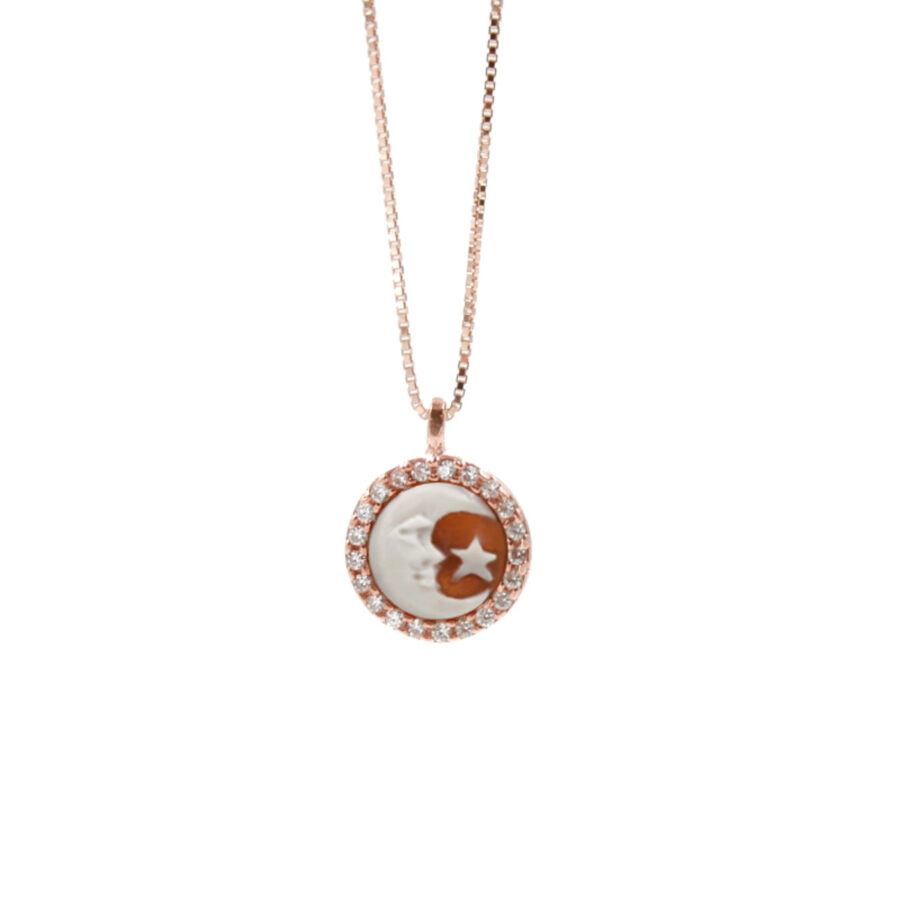 Collana in Argento 925 e cammeo tondo 8mm con Luna e zirconi Bianchi – Rose'