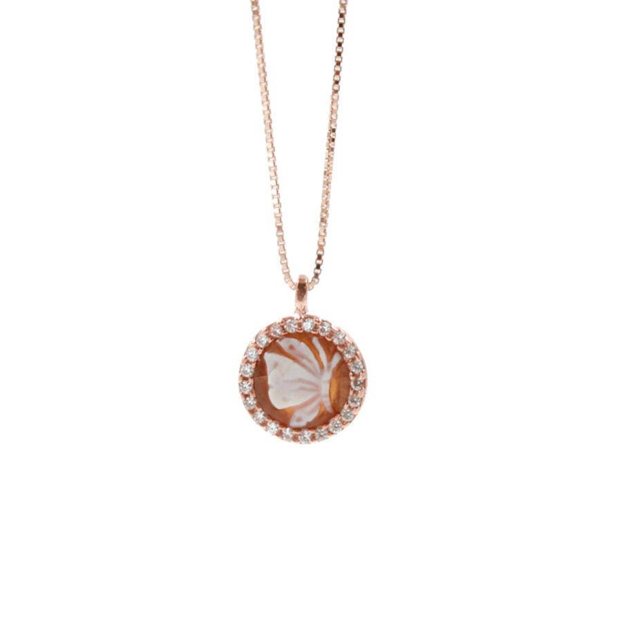 Collana in Argento 925 e cammeo tondo 8mm con Farfalla e zirconi Bianchi – Rose'