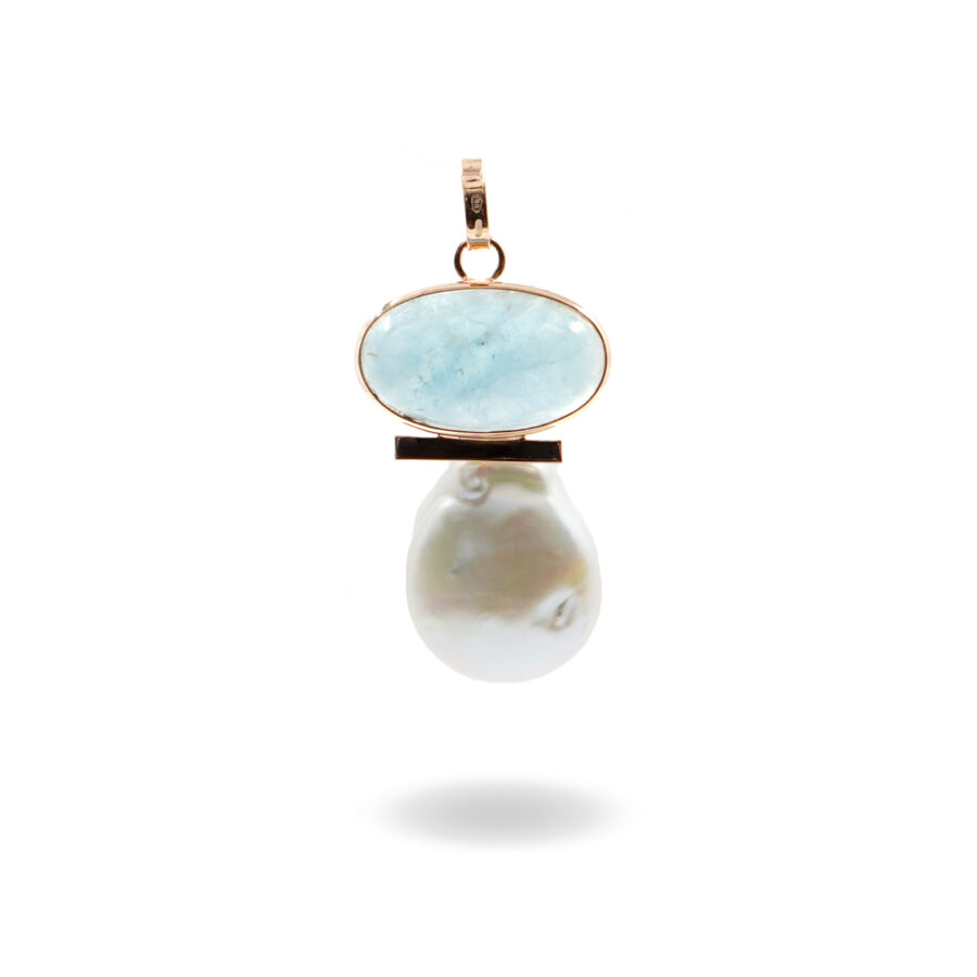 Pendente in argento con perla barocca e acquamarina – Rose'