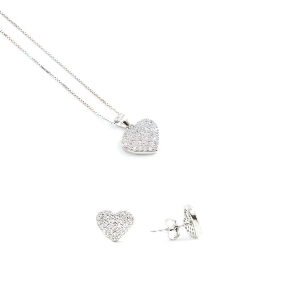 Orecchini e Collana in argento forma cuore con zirconi bianchi – Rodiato