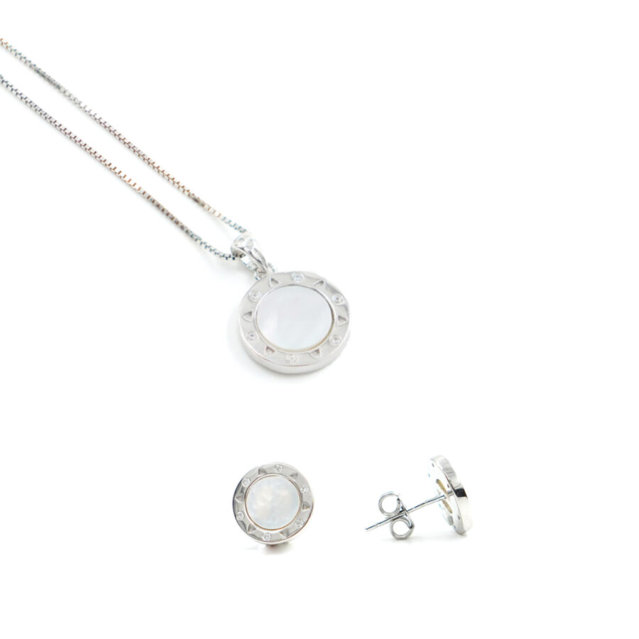 Orecchini e Collana in argento forma tonda con madreperla e zirconi bianchi – Rodiato
