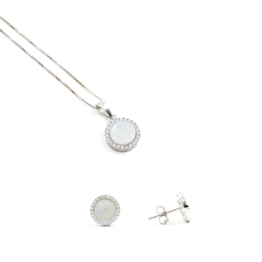 Orecchini e Collana in argento forma tonda con madreperla e zirconi bianchi – Rodiato