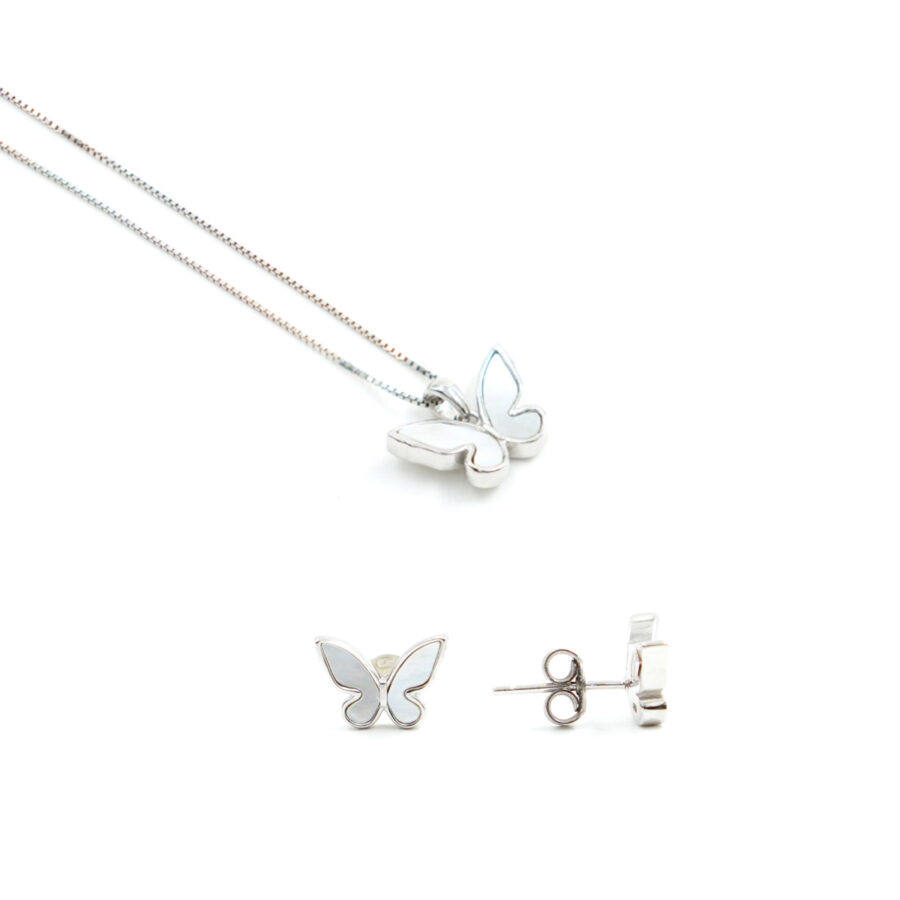 Orecchini e Collana in argento forma farfalla con madreperla – Rodiato