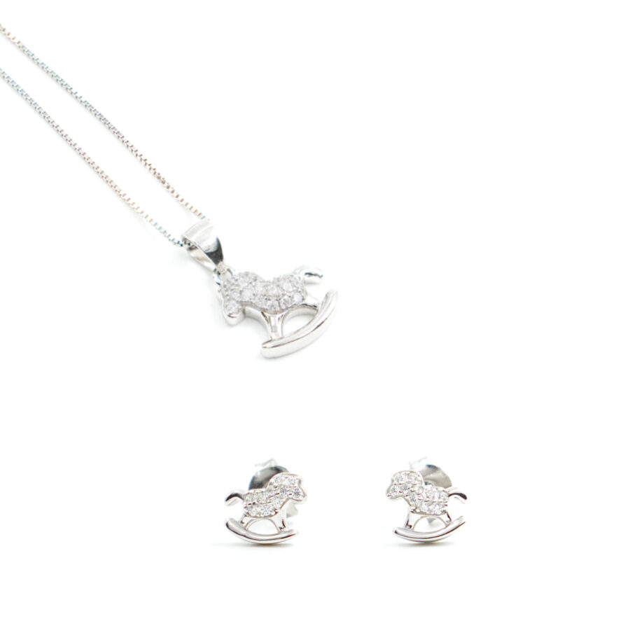 Orecchini e Collana in argento forma cavalluccio con zirconi bianchi – Rodiato