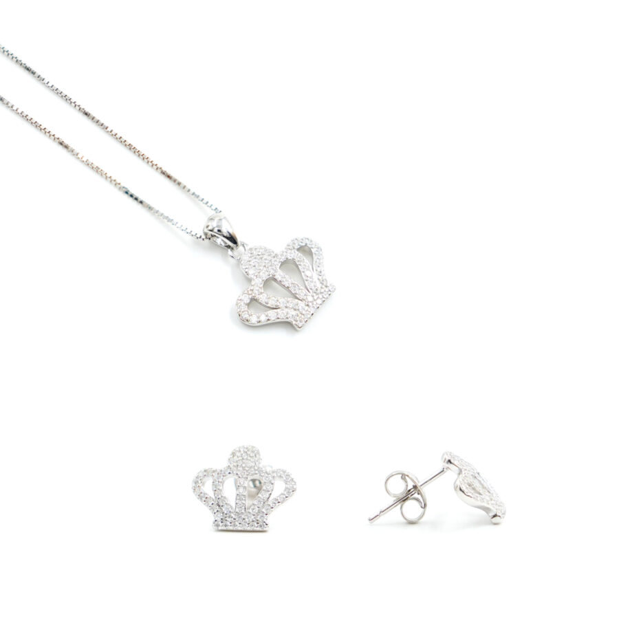 Orecchini e Collana in argento forma corona con zirconi bianchi – Rodiato