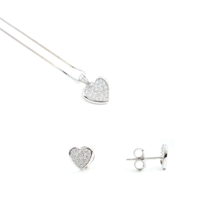 Orecchini e Collana in argento forma cuore con zirconi bianchi – Rodiato