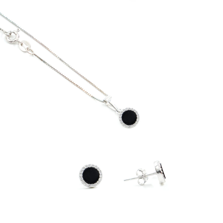 Orecchini e Collana in argento forma tonda con agata nera e zirconi bianchi – Rodiato