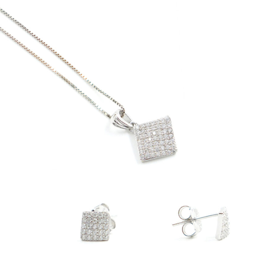 Orecchini e Collana in argento forma quadrata con zirconi bianchi – Rodiato