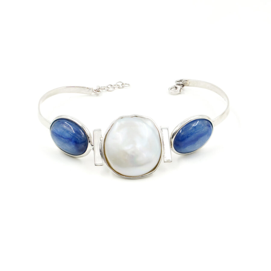 Bracciale in argento con perla barocca e cianite - Rodiato