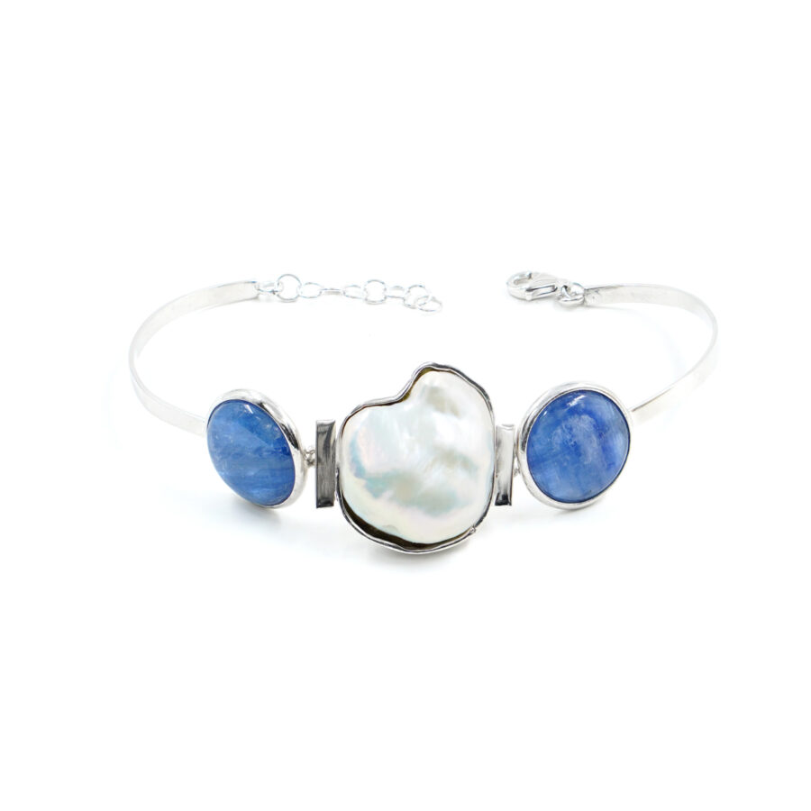 Bracciale in argento con perla barocca e cianite - Rodiato