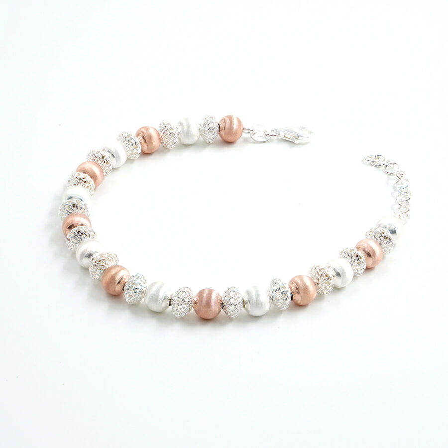 Bracciale in argento con sfere satinate 6mm, Rodiato e Rose'