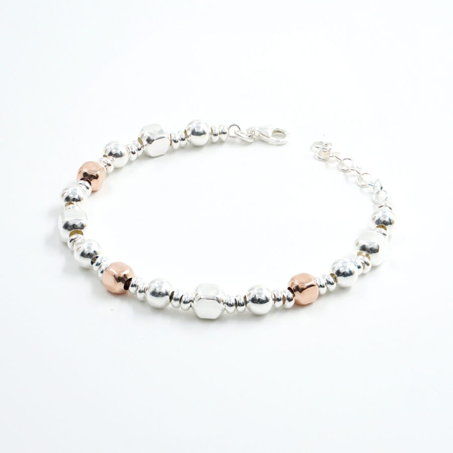 Bracciale in argento con sfere e dadi 6mm, Rodiato e Rose'