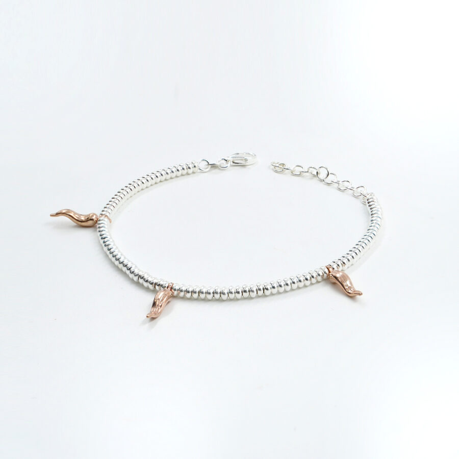 Bracciale in argento con rondelle e cornetti portafortuna, Argentato e Rose'
