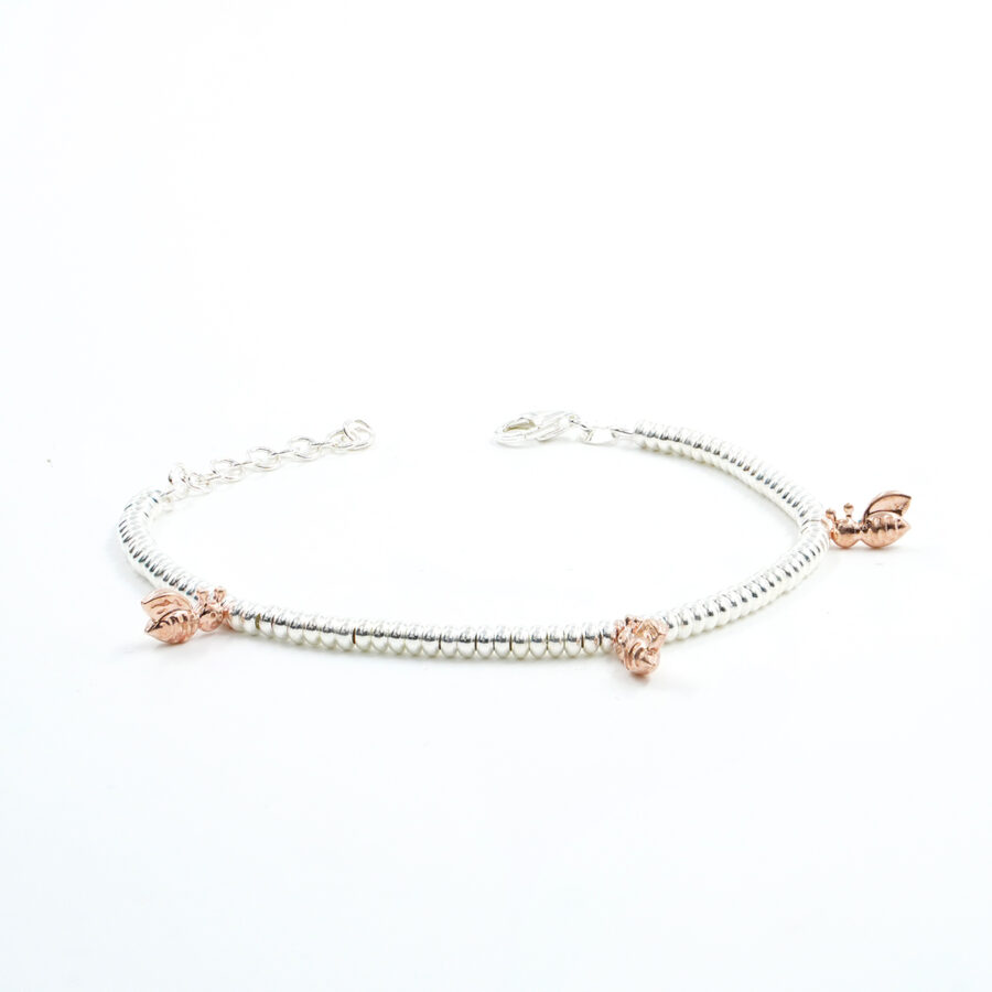 Bracciale in argento con rondelle e ape portafortuna, Argentato e Rose'