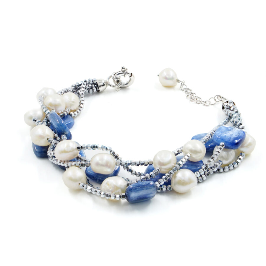 Bracciale con ematite silver, cianite, perla, chiusura in argento - Rodiato