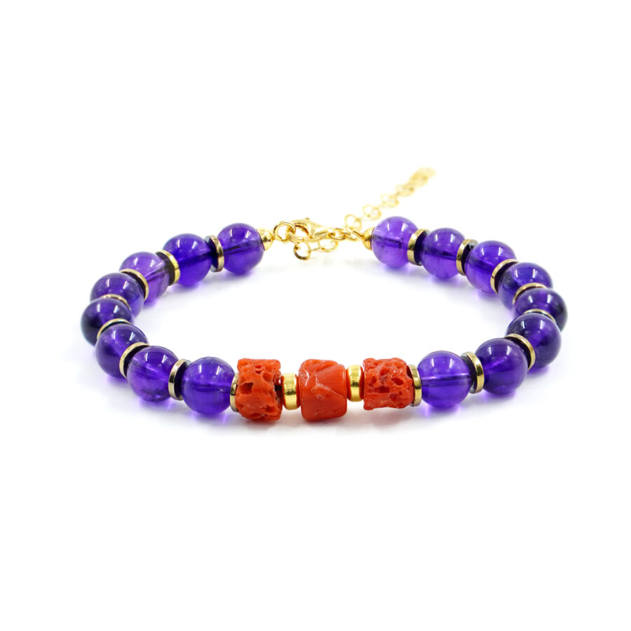 Bracciale con ametista, corallo, chiusura in argento - Dorato