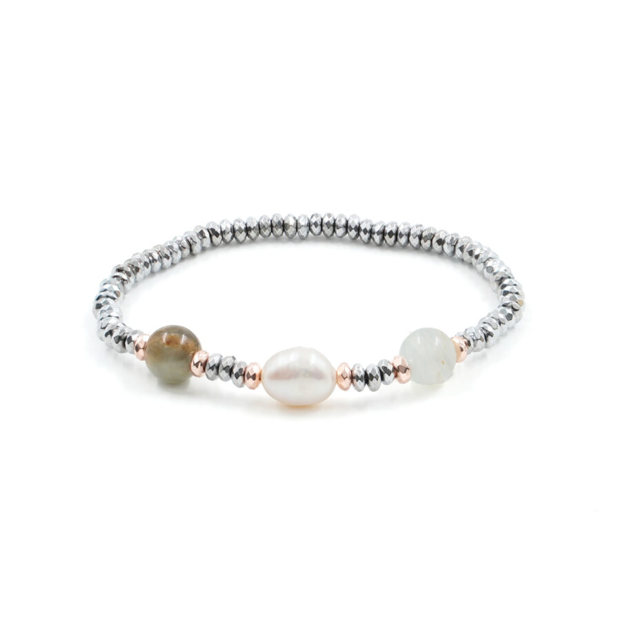 Bracciale Elastico con ematite, calcite multicolore, perla