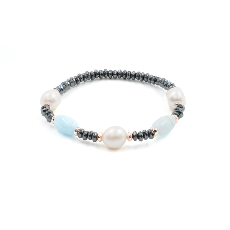 Bracciale Elastico con ematite, acquamarina, perla