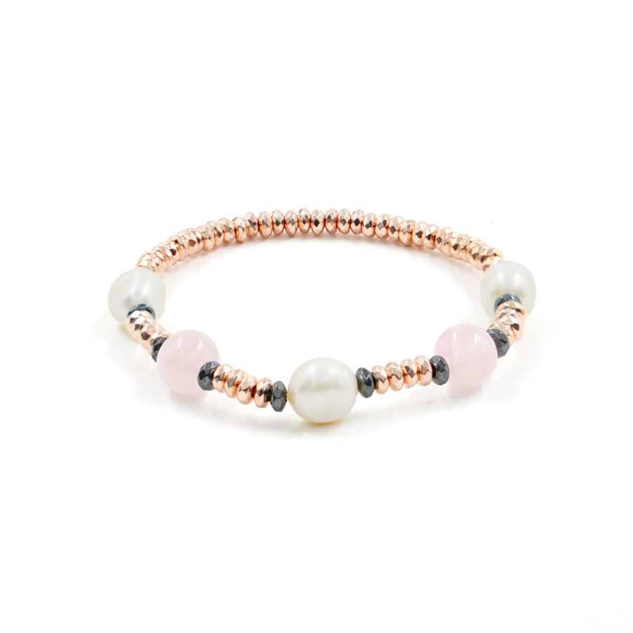 Bracciale Elastico con ematite, quarzo rosa, perla