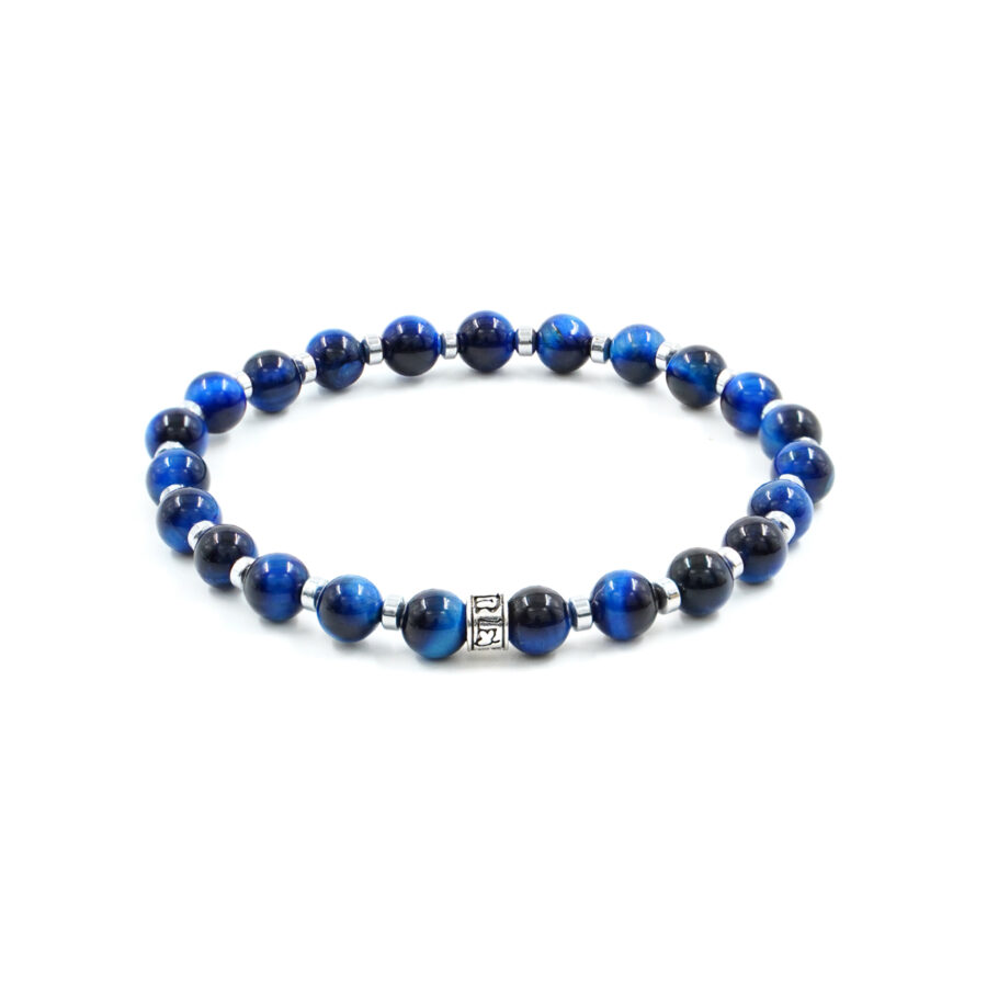 Bracciale Elastico con occhio di tigre blu, ematite, elemento in argento brunito