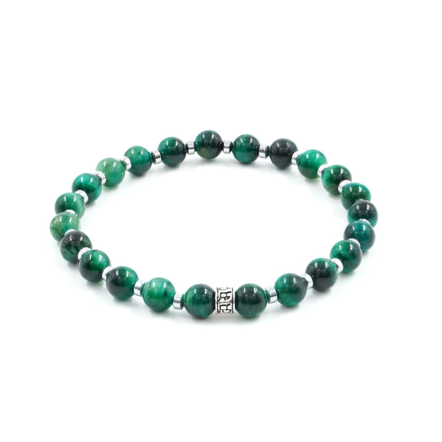 Bracciale Elastico con occhio di tigre verde, ematite, elemento in argento brunito