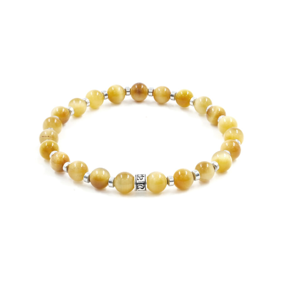 Bracciale Elastico con occhio di tigre dorato, ematite, elemento in argento brunito