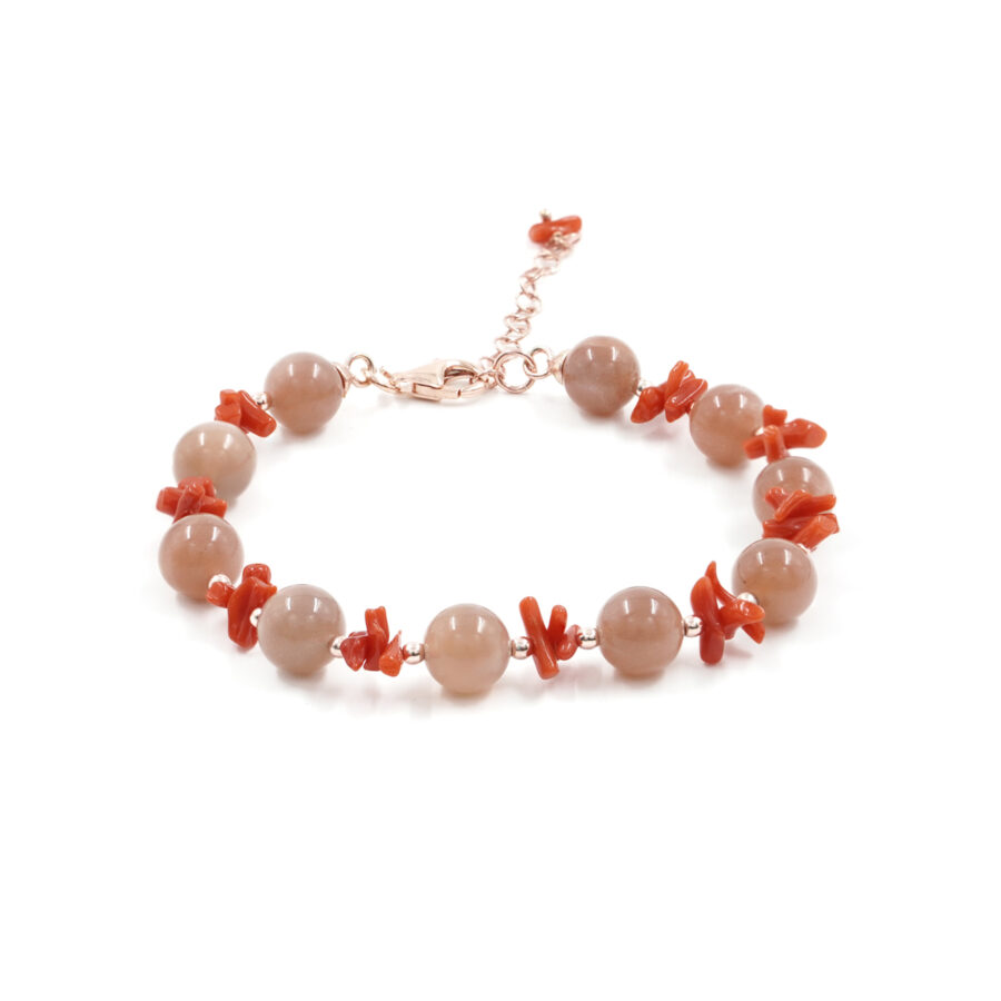 Bracciale con pietra di luna, ematite, corallo, chiusura in argento – Rose'