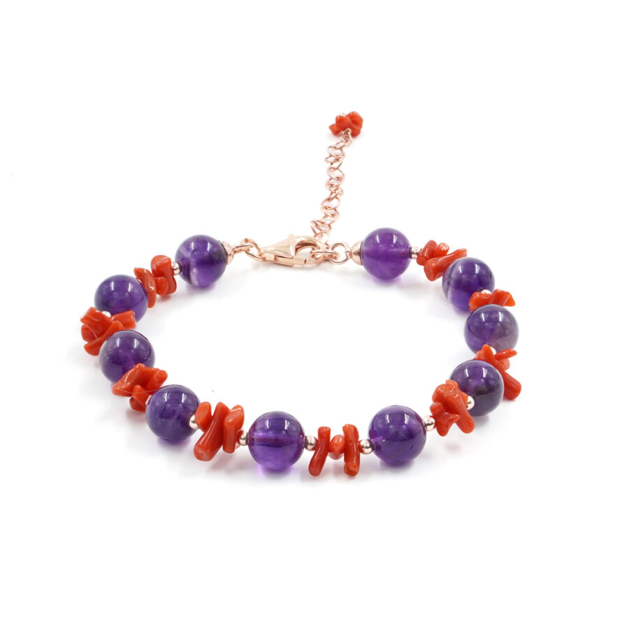 Bracciale con ametista, ematite, corallo, chiusura in argento – Rose'