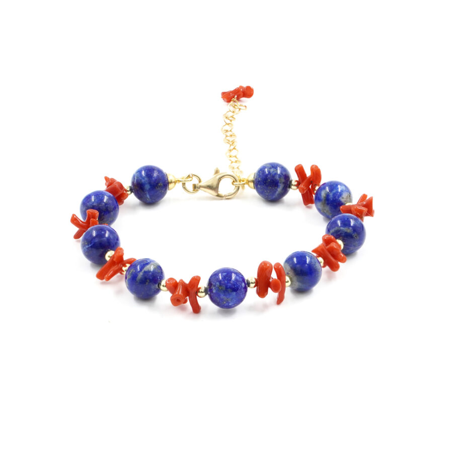 Bracciale con lapis, ematite, corallo, chiusura in argento – Dorato