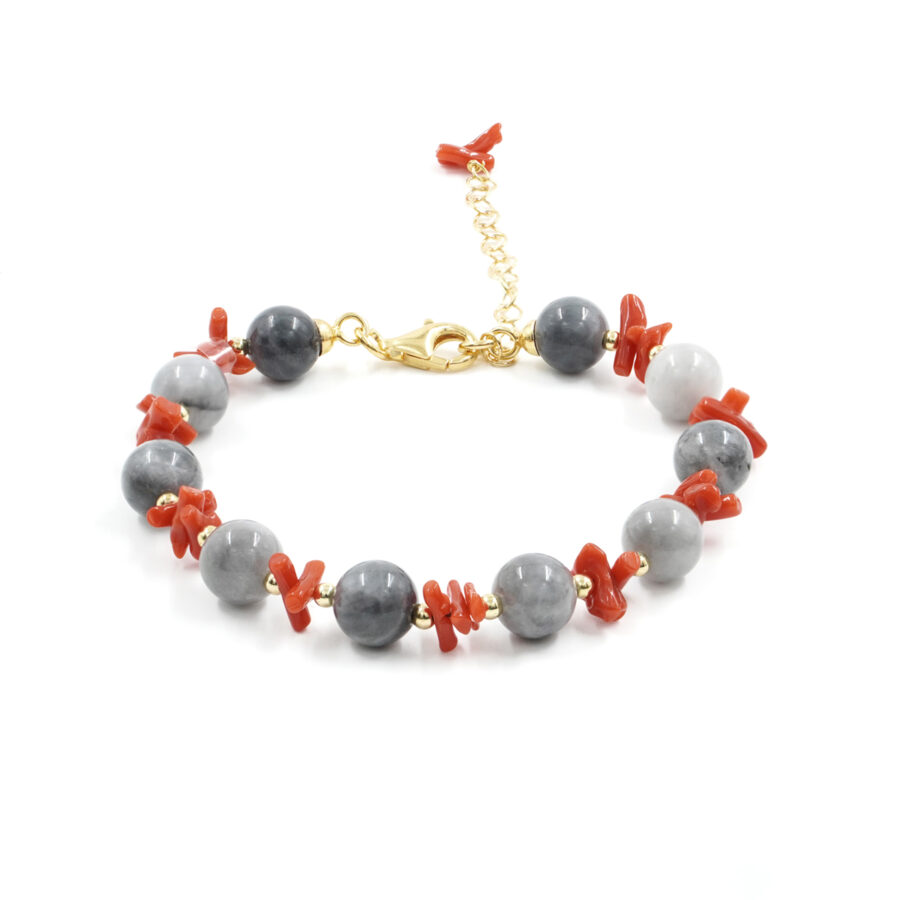 Bracciale con occhio d'aquila, ematite, corallo, chiusura in argento – Dorato