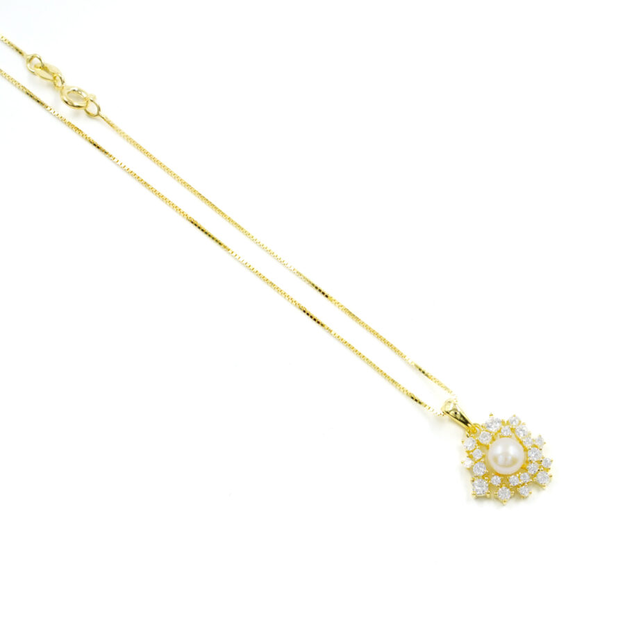Collana in argento con zirconi bianchi e perla - Dorato