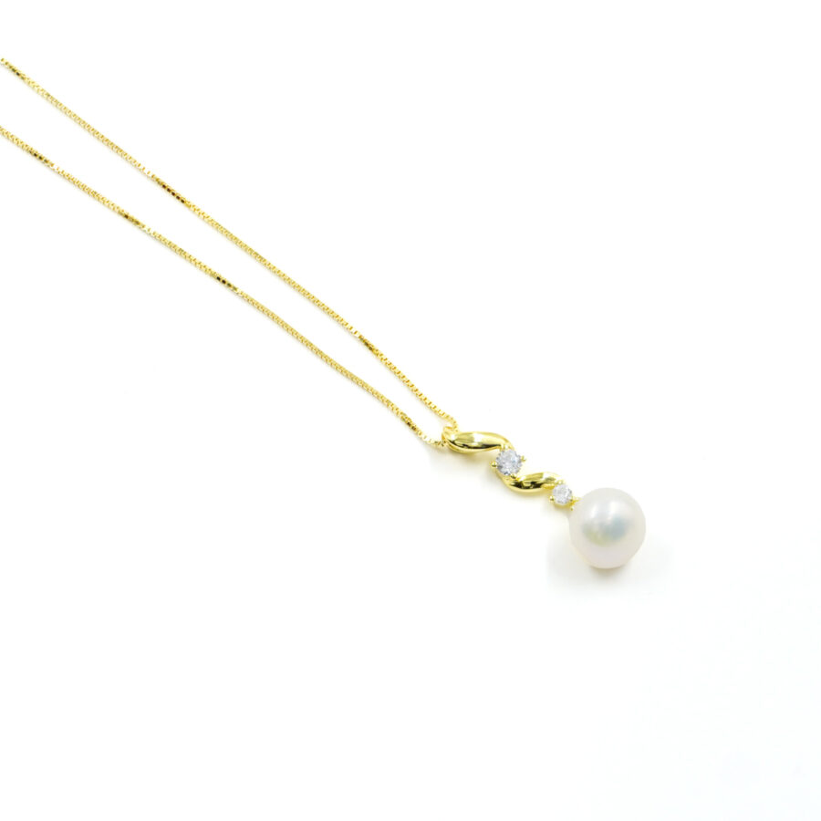 Collana in argento forma virgola con zirconi bianchi e perla - Dorato