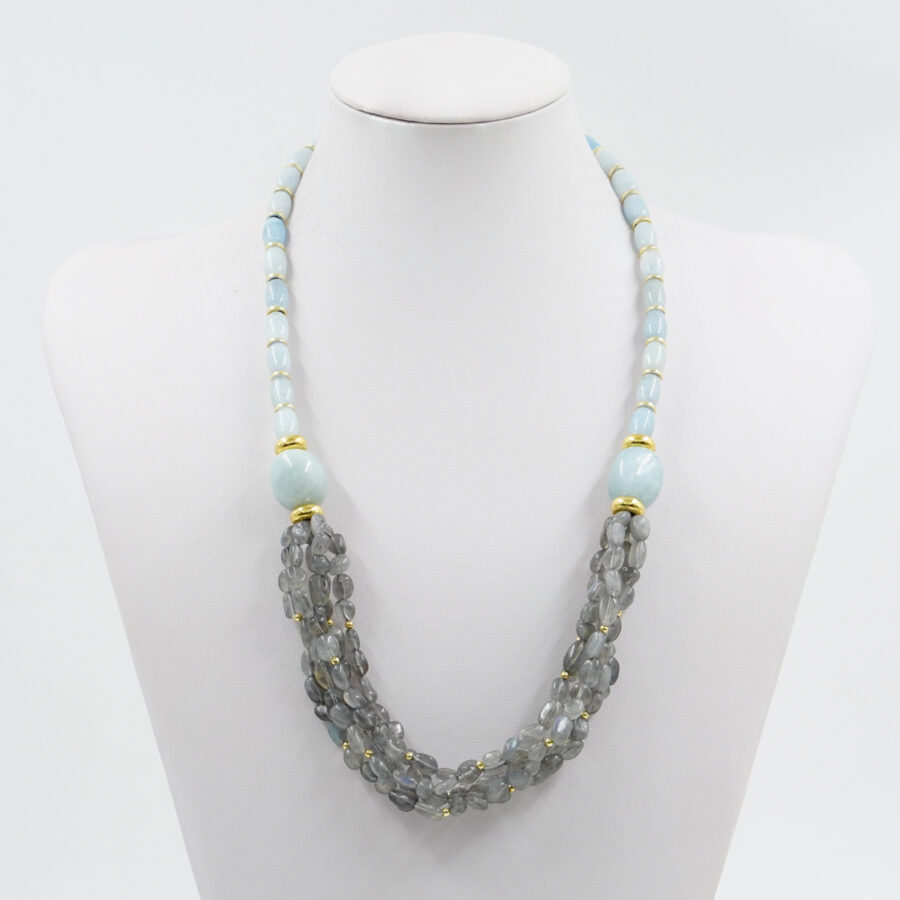 Collana con acquamarina, labradorite, chiusura in argento – Dorato