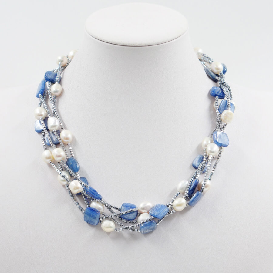 Collana con ematite silver, cianite, perle, chiusura in argento - Rodiato