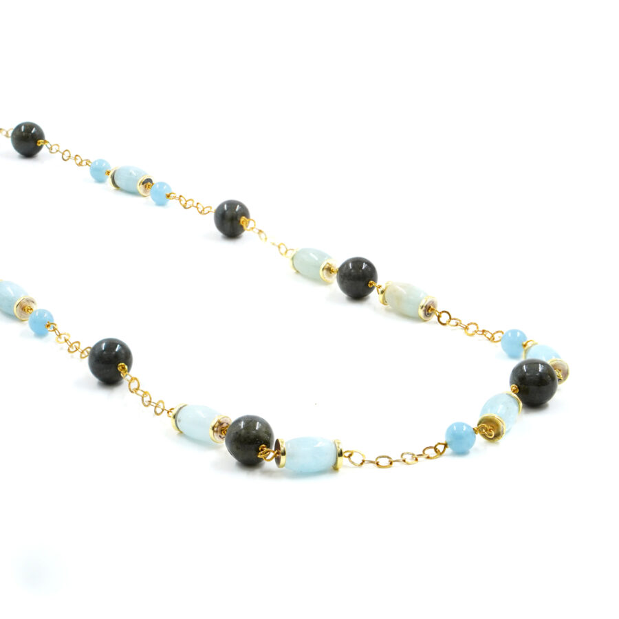 Collana ammagliata con filo di Argento dorato con acquamarina, labradorite e chiusura in argento