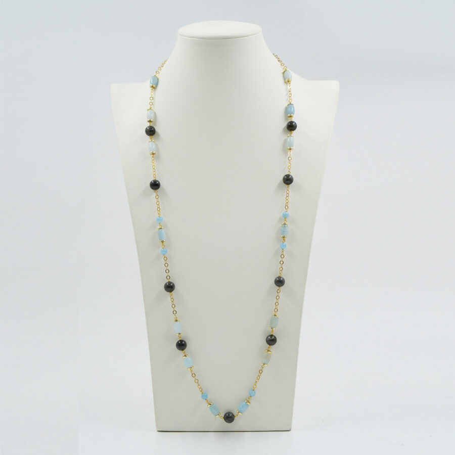 Collana ammagliata con filo di Argento dorato con acquamarina, labradorite e chiusura in argento - immagine 2