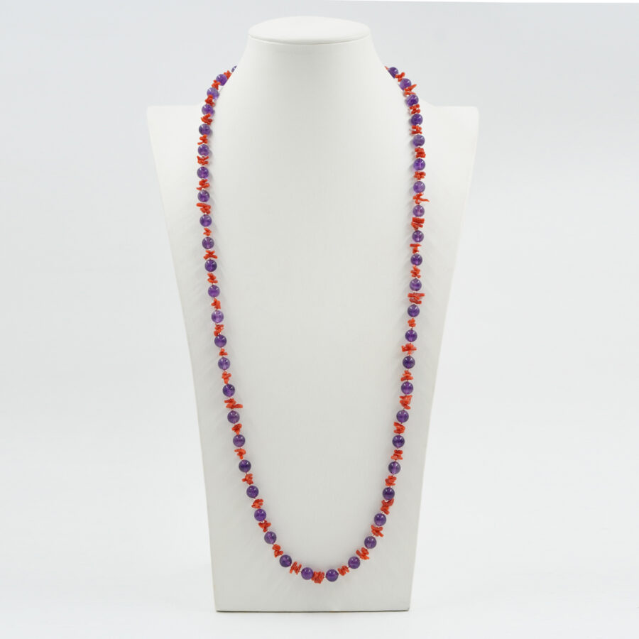 Collana con pietra di ametista, corallo, chiusura in argento – Rose' - immagine 2