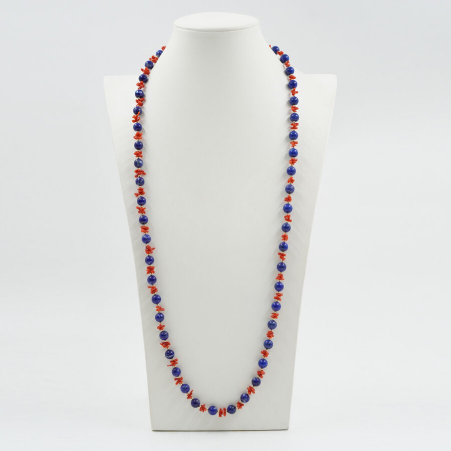 Collana con pietra di lapis, corallo, chiusura in argento – Dorato - immagine 2