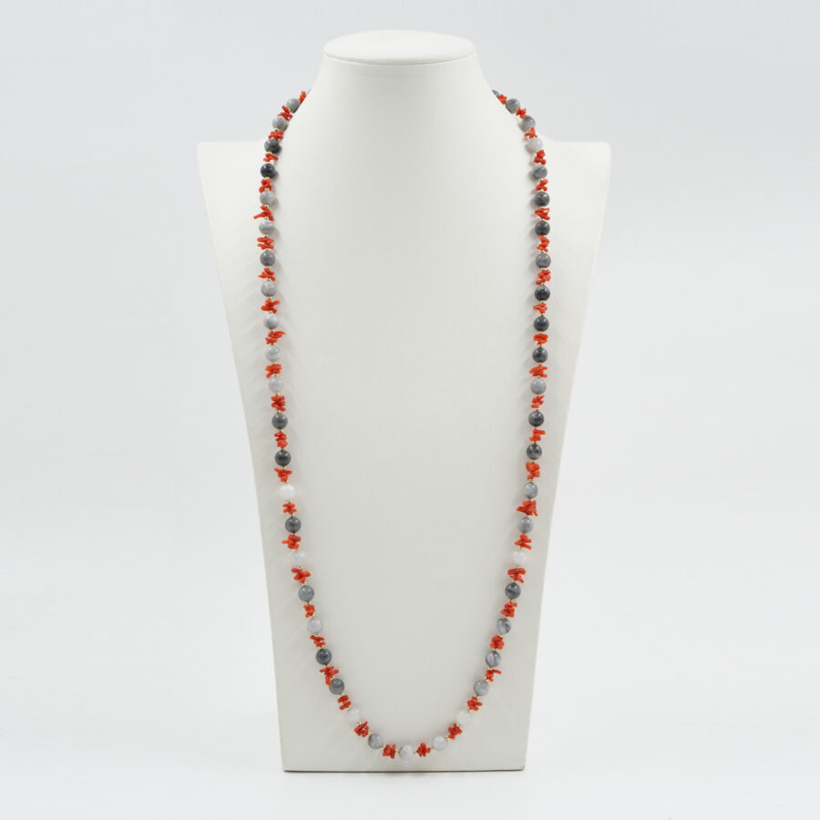 Collana con pietra di occhio d'aquila, corallo, chiusura in argento – Dorato - immagine 2