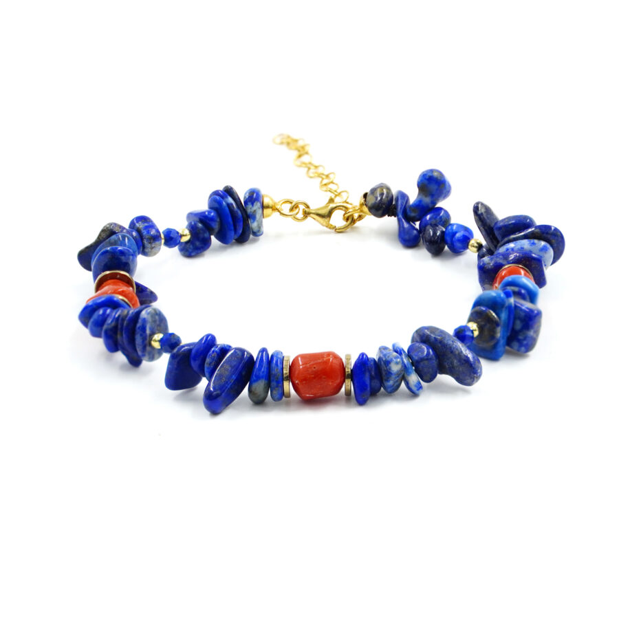 Bracciale con chips di lapis, corallo, ematite, chiusura in argento - Dorato