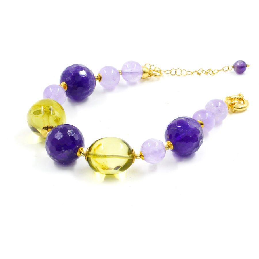 Bracciale con ametista viola e lavanda, ambra verde, ematite, chiusura in argento – Dorato - immagine 2