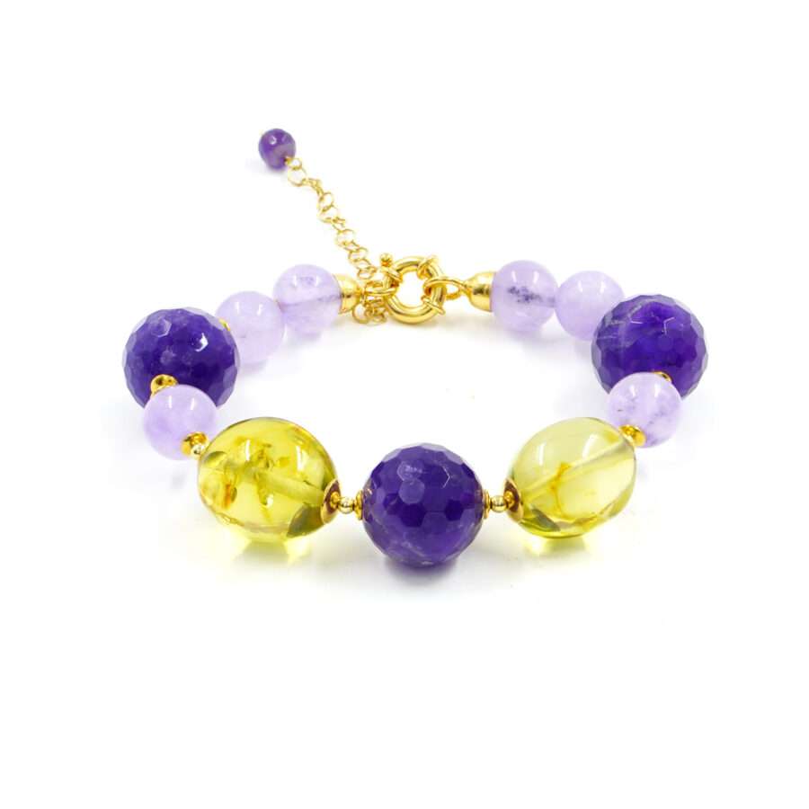 Bracciale con ametista viola e lavanda, ambra verde, ematite, chiusura in argento – Dorato