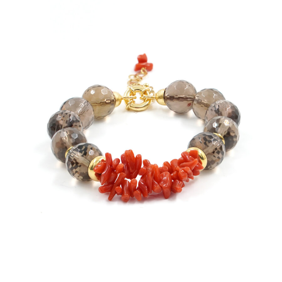 Bracciale con quarzo fumè, corallo, chiusura in argento – Dorato