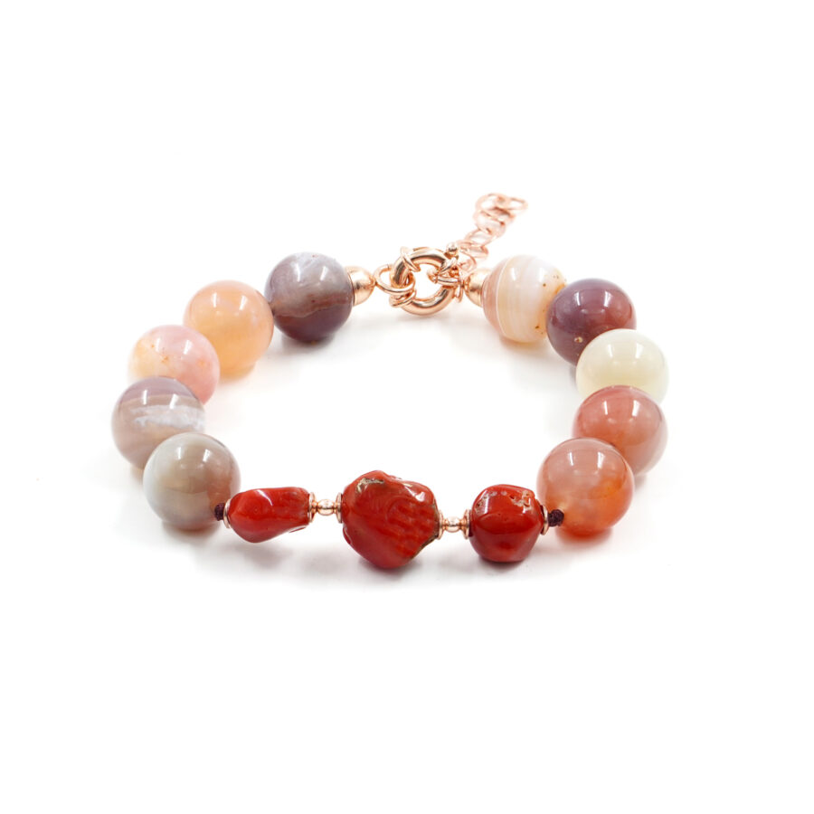 Bracciale con corallo, agata Botswana rossa, ematite, chiusura in argento – Rosè - immagine 2
