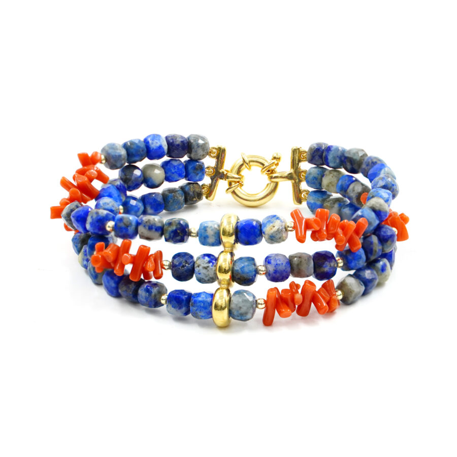 Bracciale Multifilo con lapis, corallo, ematite, chiusura in argento - Dorato